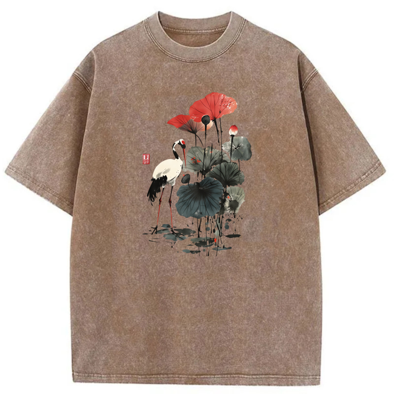 Crane Lotus Red Flower Art Print tshirt 100% cotton