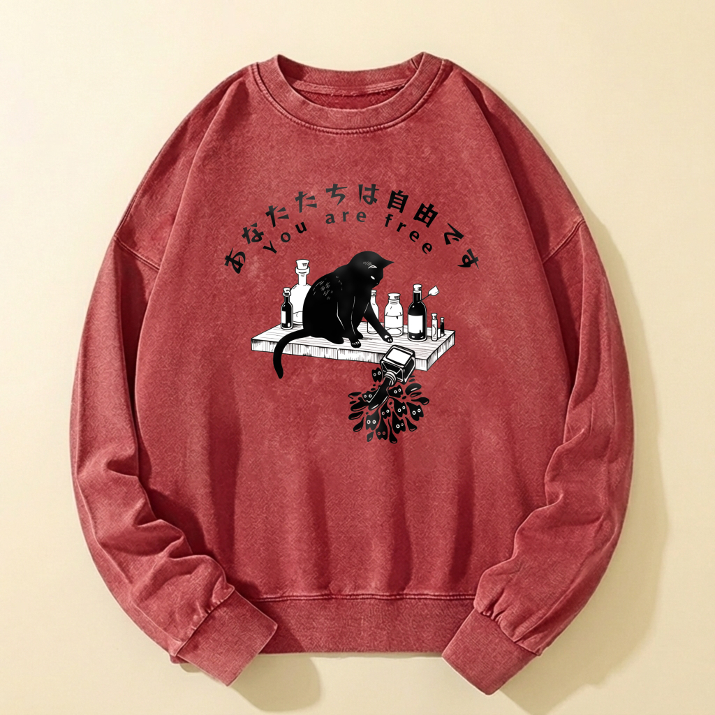 Black Cat Alchemy Lab Graphic Sweatshirt Unisex Oversized Crewneck Pullover Vintage Washed Look Casual Streetwear Top