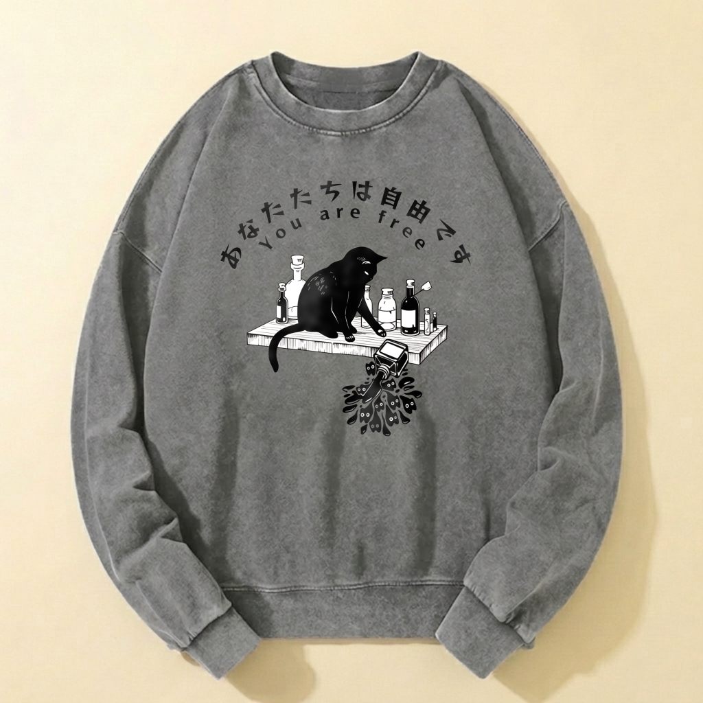 Black Cat Alchemy Lab Graphic Sweatshirt Unisex Oversized Crewneck Pullover Vintage Washed Look Casual Streetwear Top