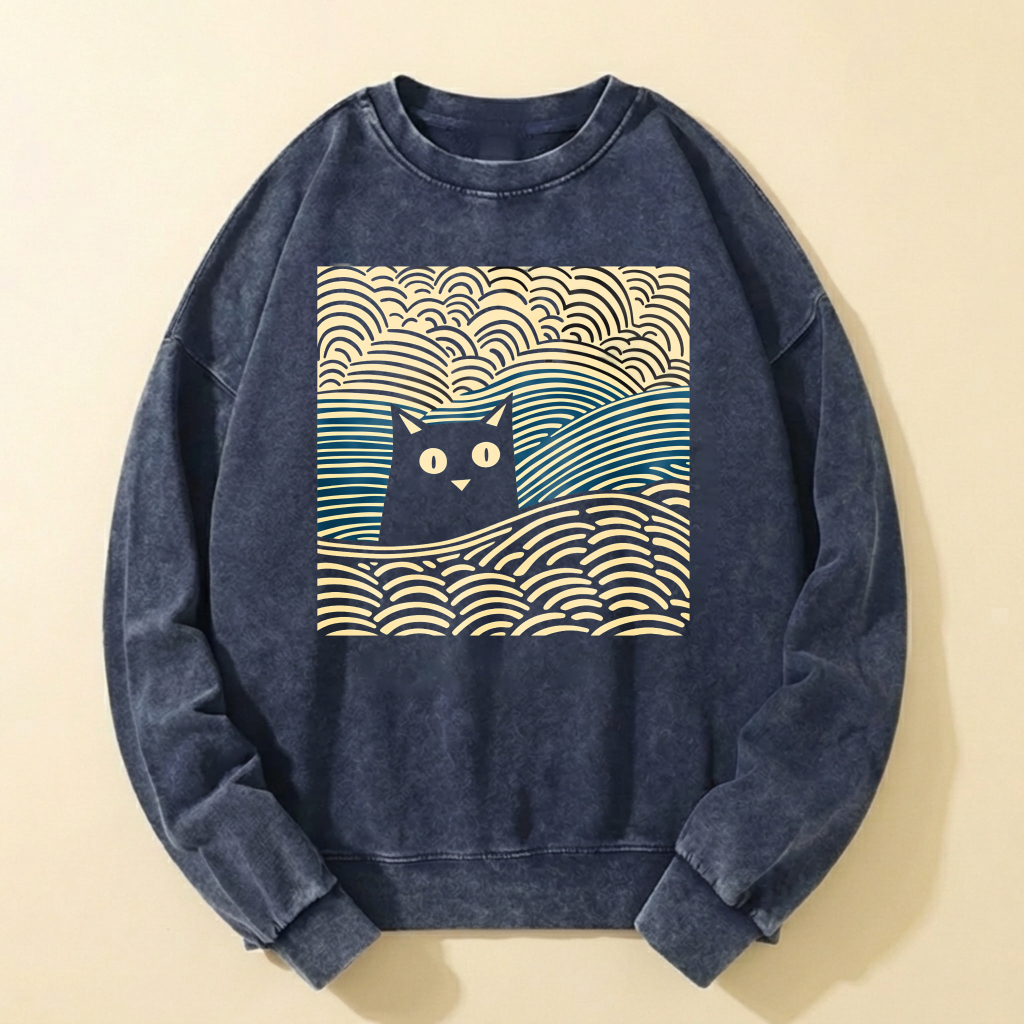 Black Cat Wave Pattern Crewneck Sweatshirt Artistic Design Unisex Casual Top