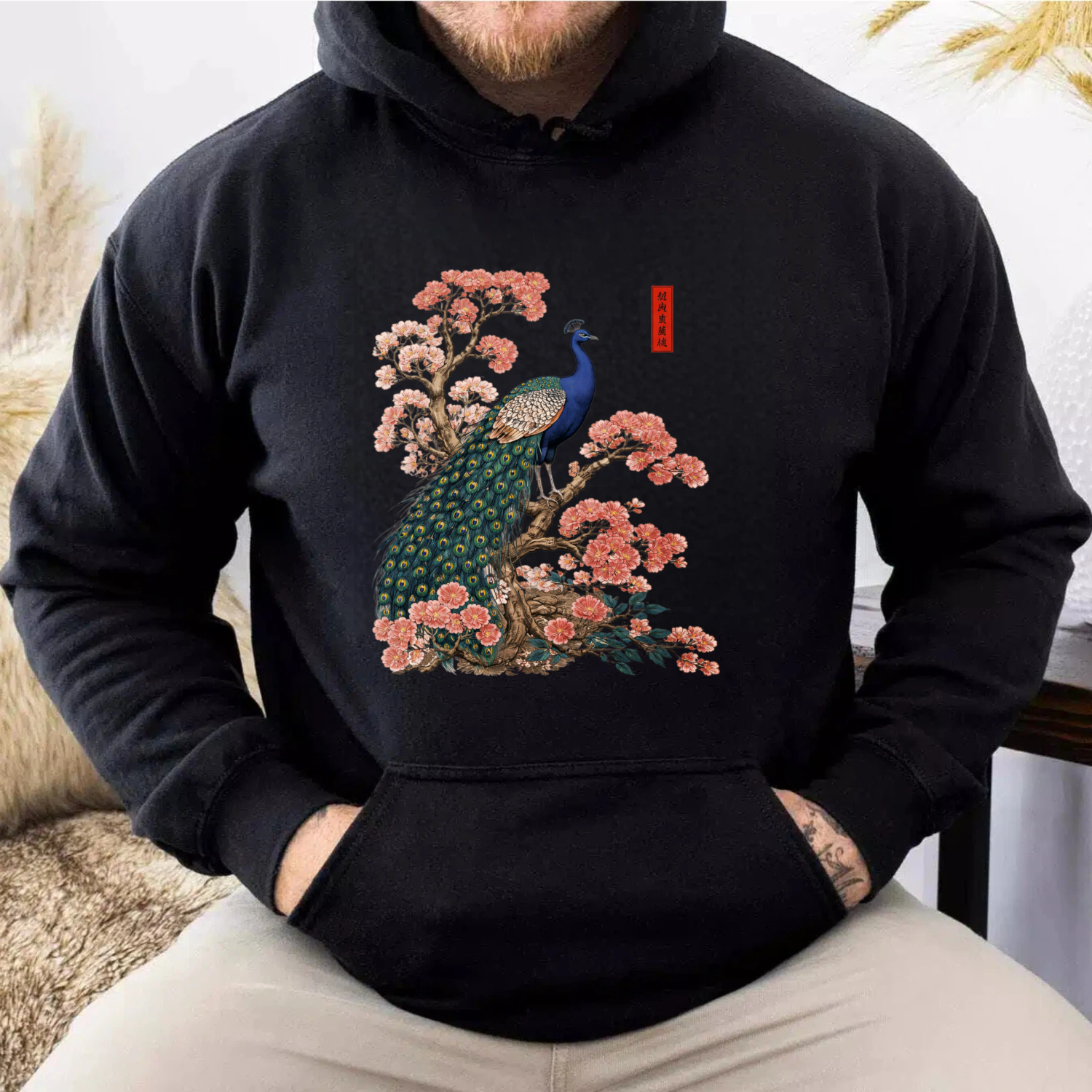 Peacock And Cherry Blossom Art Hoodie Black Unisex Sweatshirt With Front Pocket And Drawstring Hood