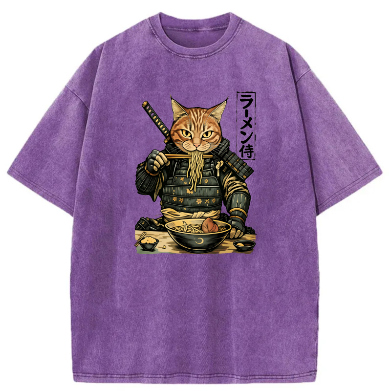 Cat Samurai Eating Ramen Noodles With Sword tshirt 100% cotton
