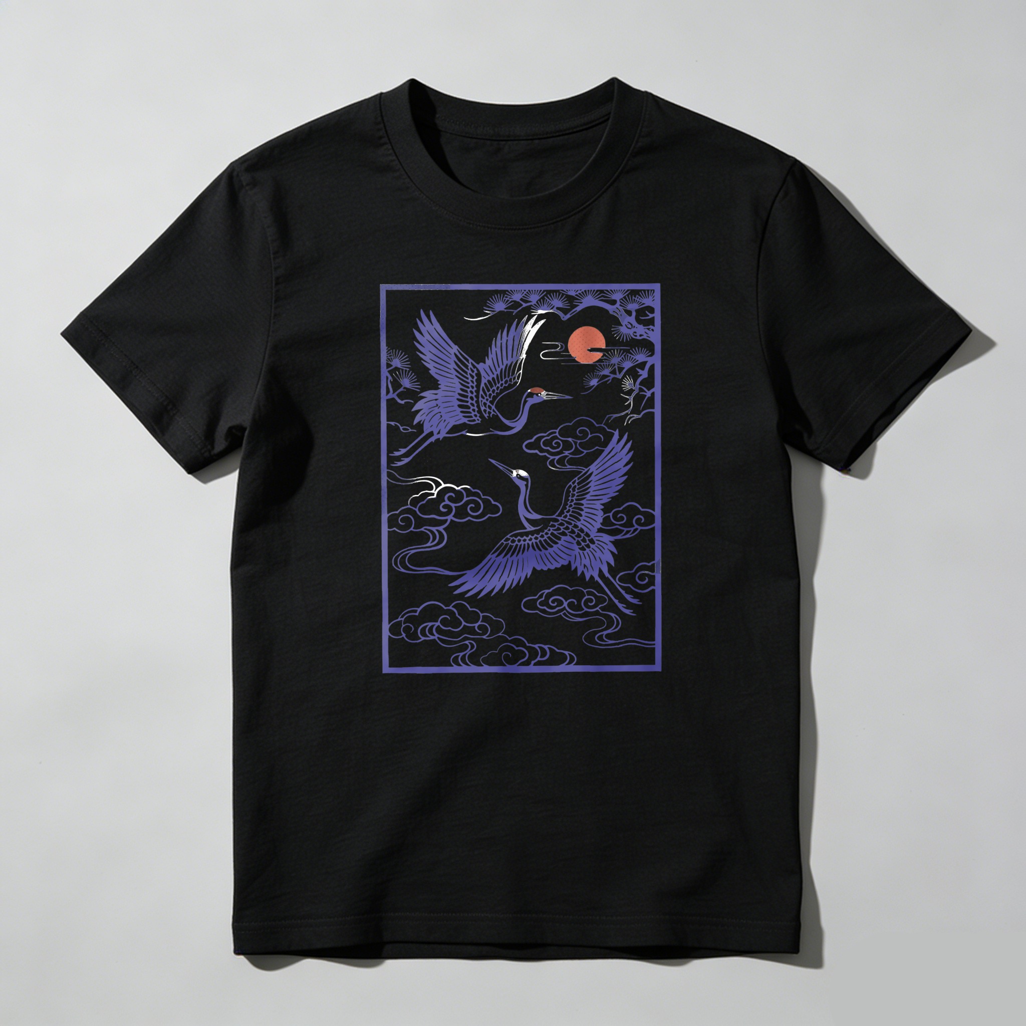 Purple Cranes Flying Over Clouds And Moon tshirt 100% cotton