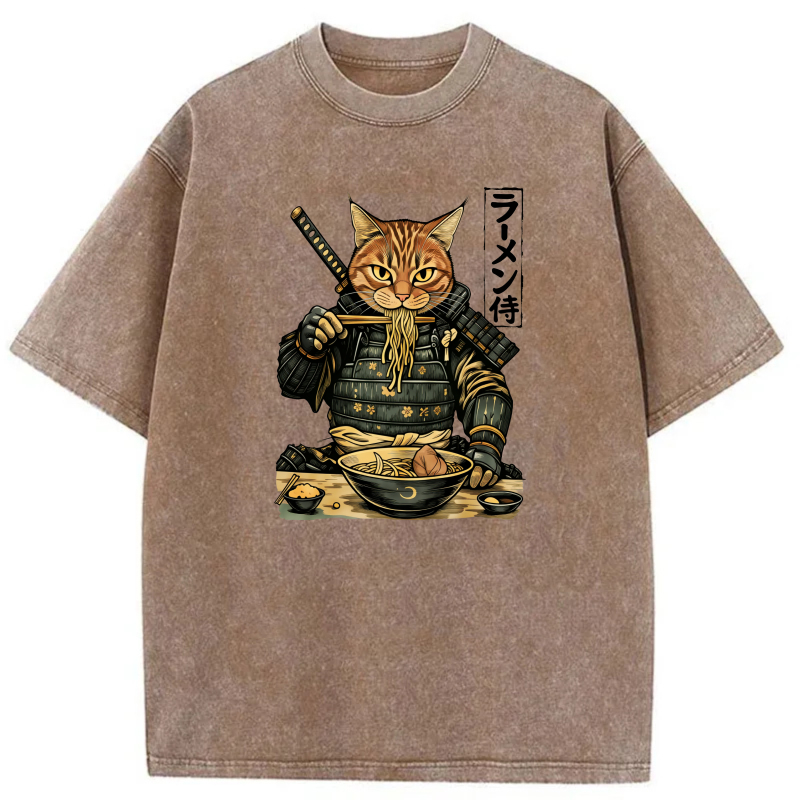 Cat Samurai Eating Ramen Noodles With Sword tshirt 100% cotton