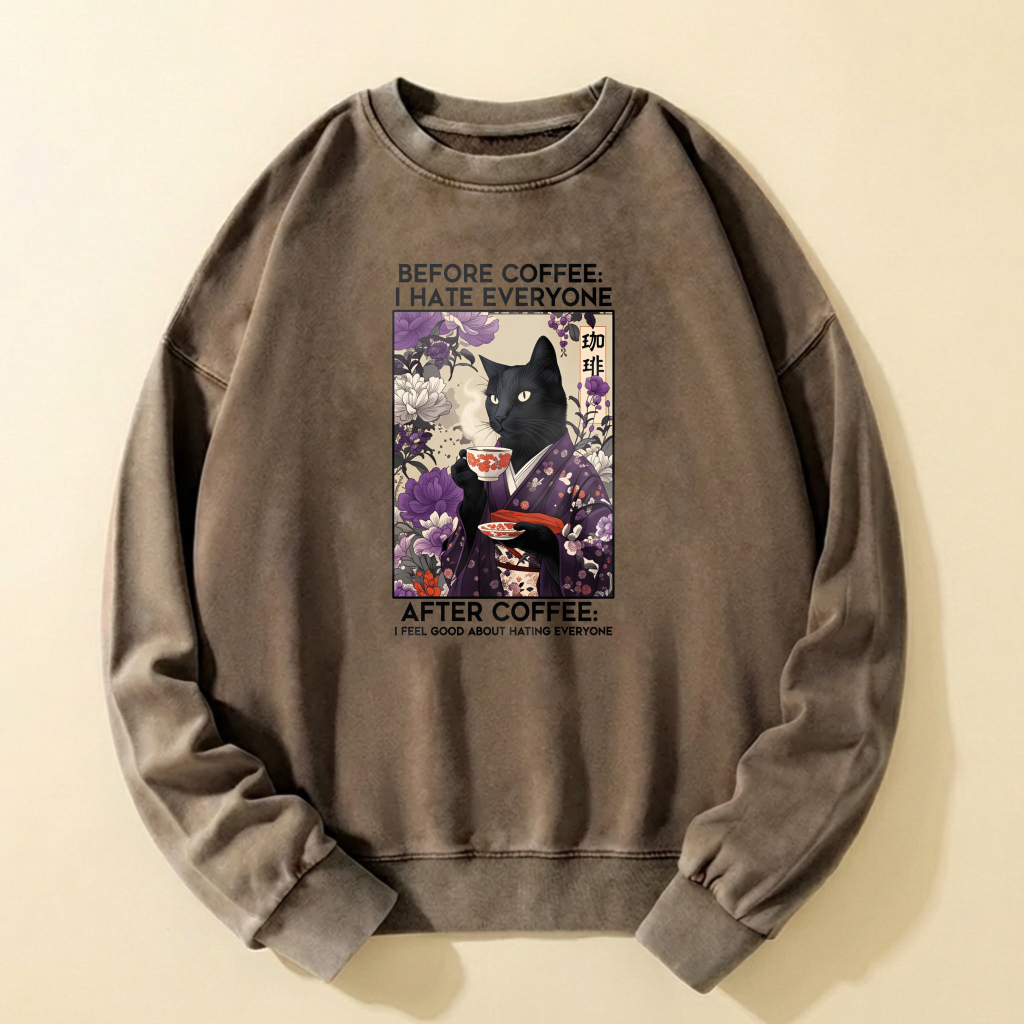 Black Cat In Kimono Coffee Art Sweatshirt Unisex Casual Crewneck Pullover Top