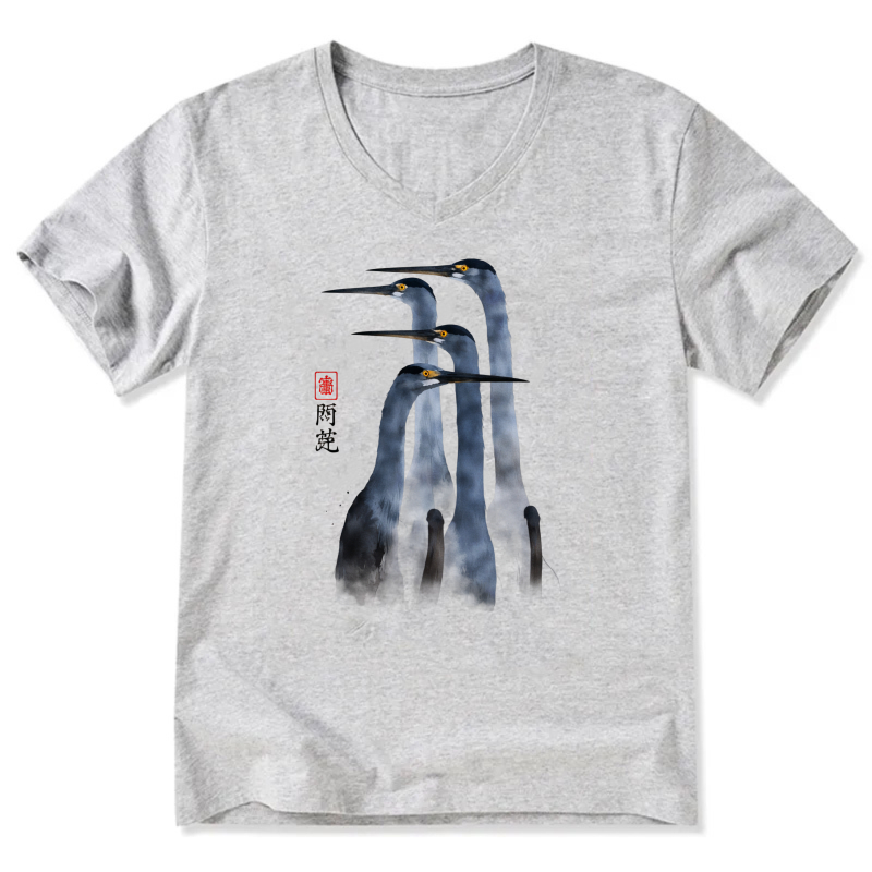 Black T Shirt With White Heron Design And Chinese Calligraphy Art Print