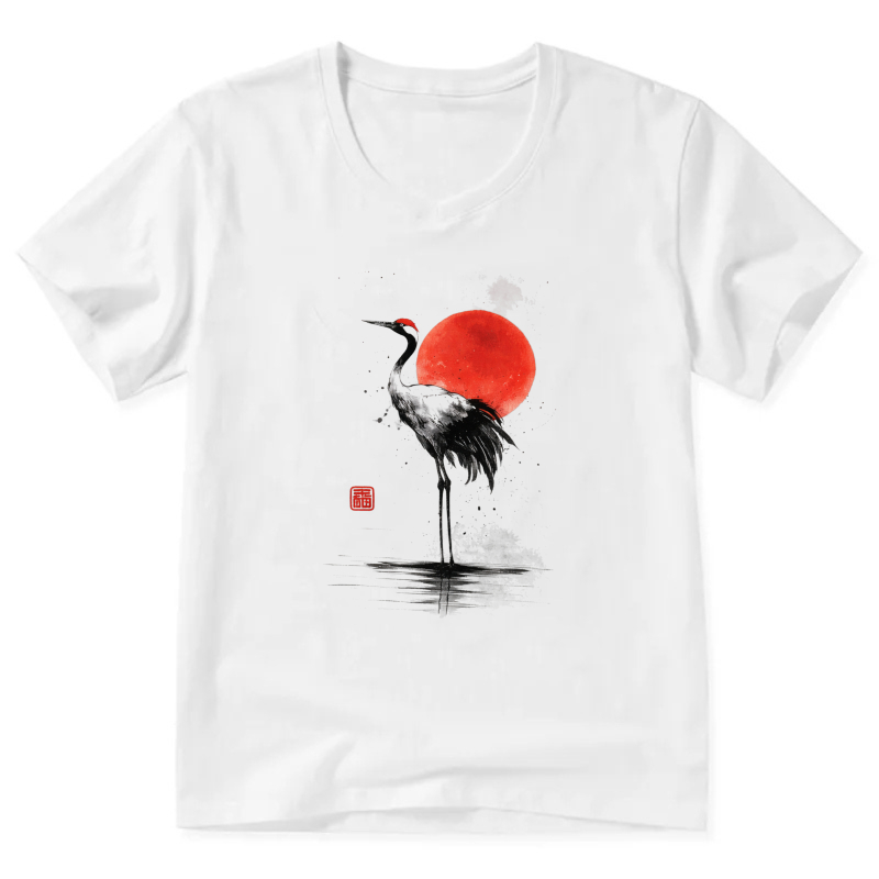 Black Crane And Red Sun Art T Shirt Men Women Unisex V Neck Casual Wear