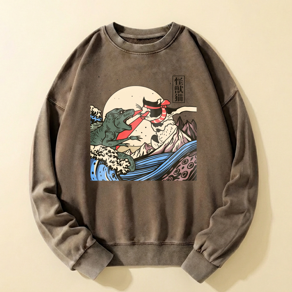 Black Crewneck Sweatshirt With Mythical Sea Monster And Moon Design Artistic Graphic Print Casual Wear For Men And Women