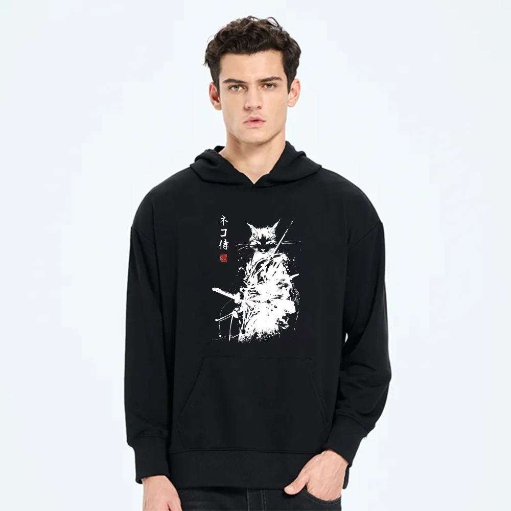 Cat Ninja Warrior Black Hoodie With Japanese Calligraphy Design For Men And Women