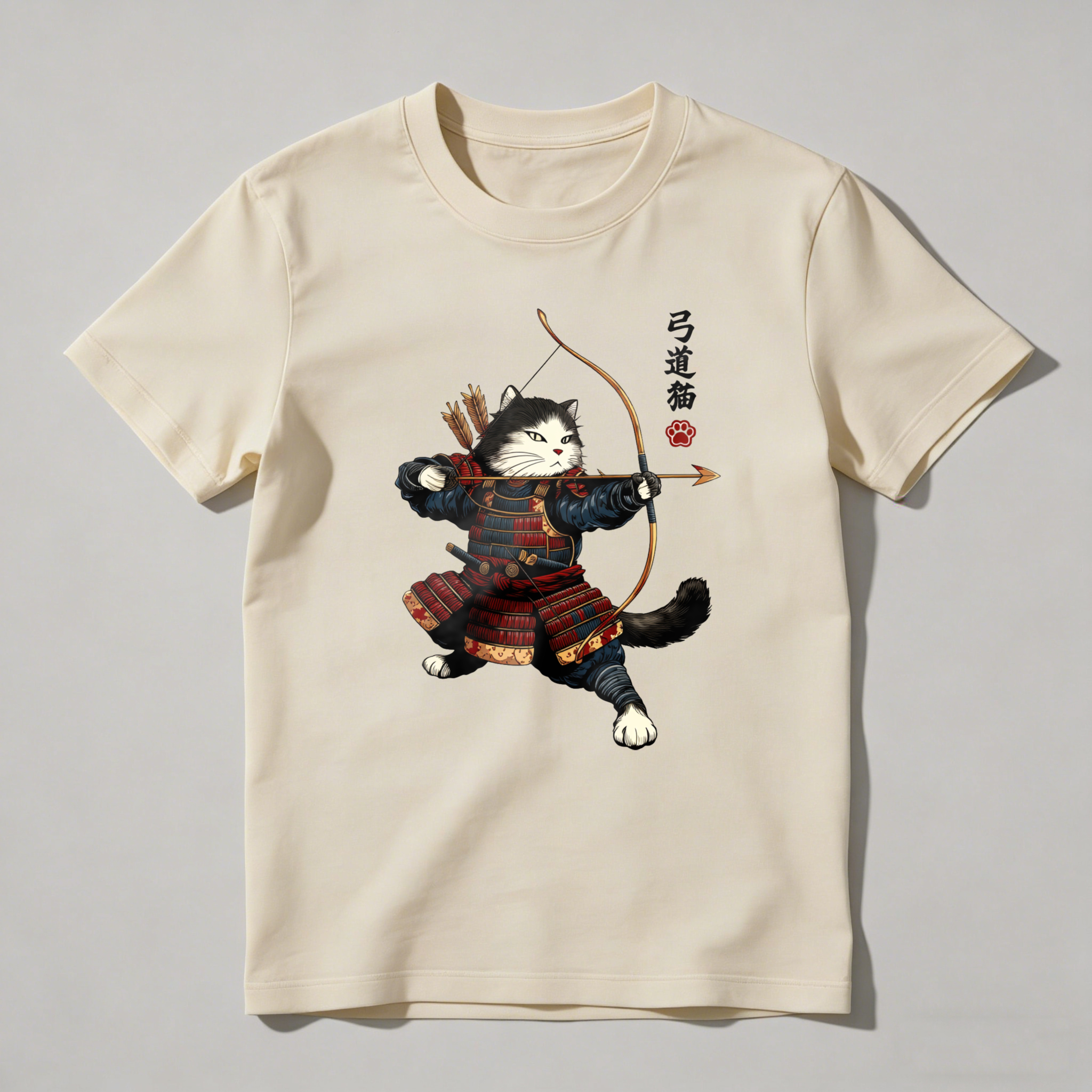 Cat Samurai Archery Warrior Design tshirt 100% cotton
