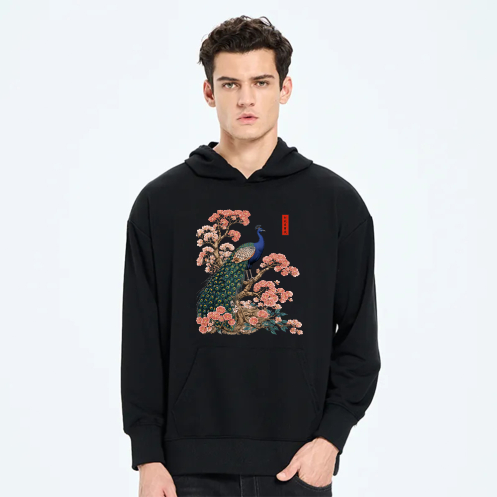 Peacock And Cherry Blossom Art Hoodie Black Unisex Sweatshirt With Front Pocket And Drawstring Hood