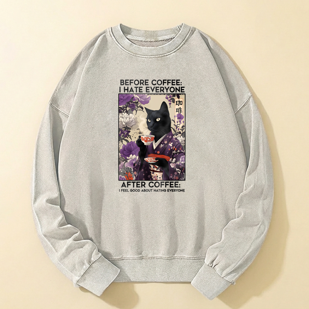 Black Cat In Kimono Coffee Art Sweatshirt Unisex Casual Crewneck Pullover Top