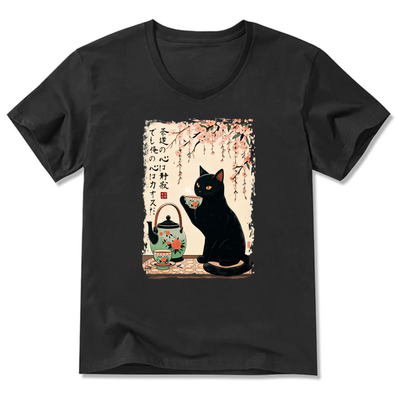 Black Cat Tea Ceremony Japanese Art T-Shirt With Cherry Blossom Design