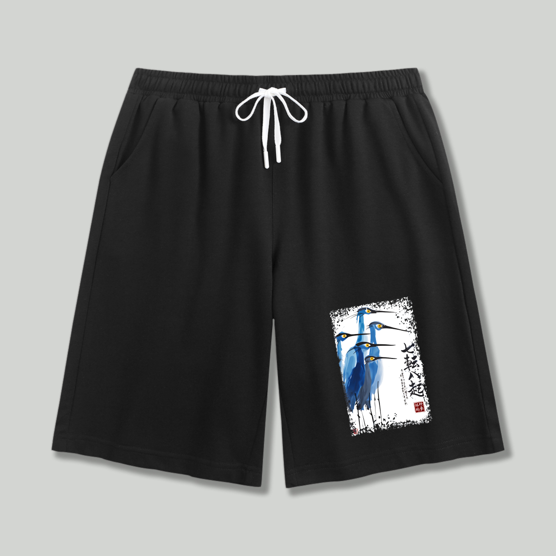 Blue Heron And Calligraphy Art Shorts