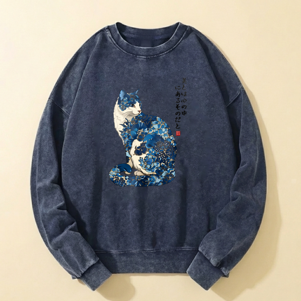 Japanese Cat Art Sweatshirt With Blue Floral Design For Men And Women Casual Wear Unisex Fashion Top