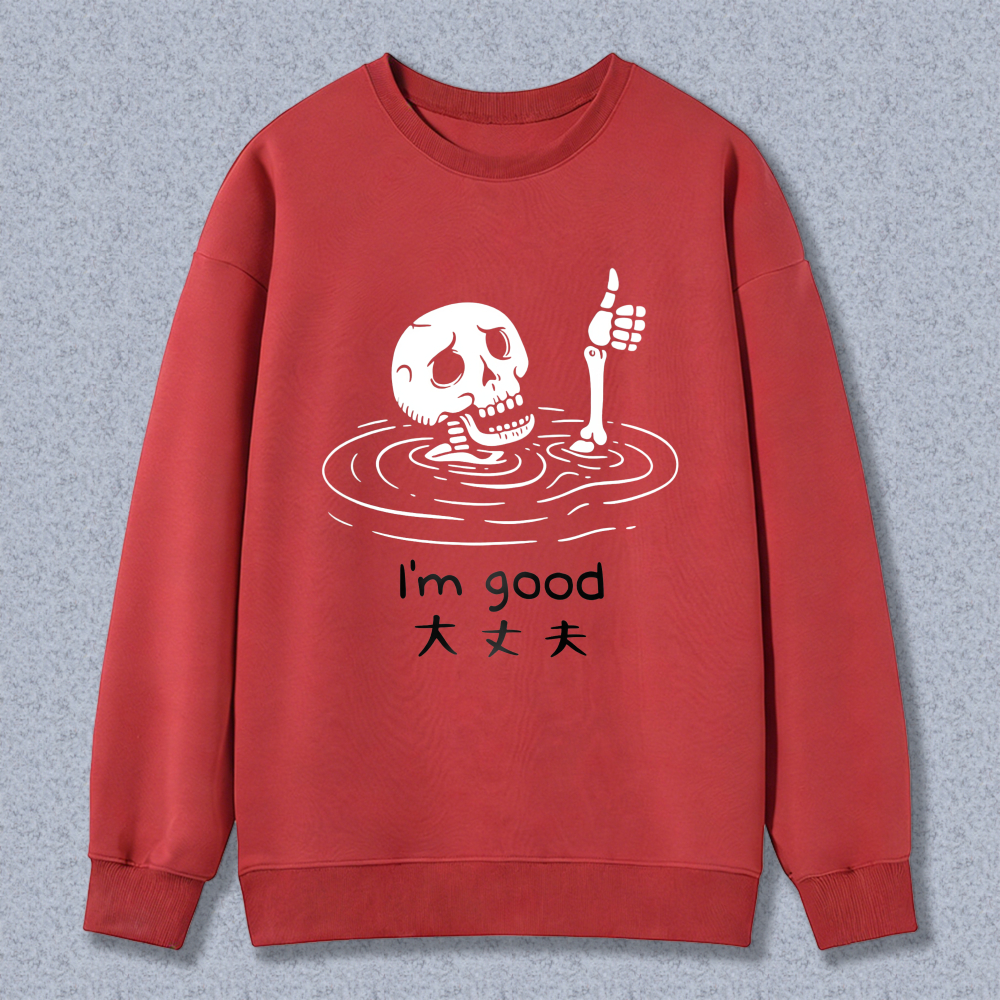 Skeleton In Water Thumbs Up Sweatshirt Good Day Design Black Crewneck Pullover