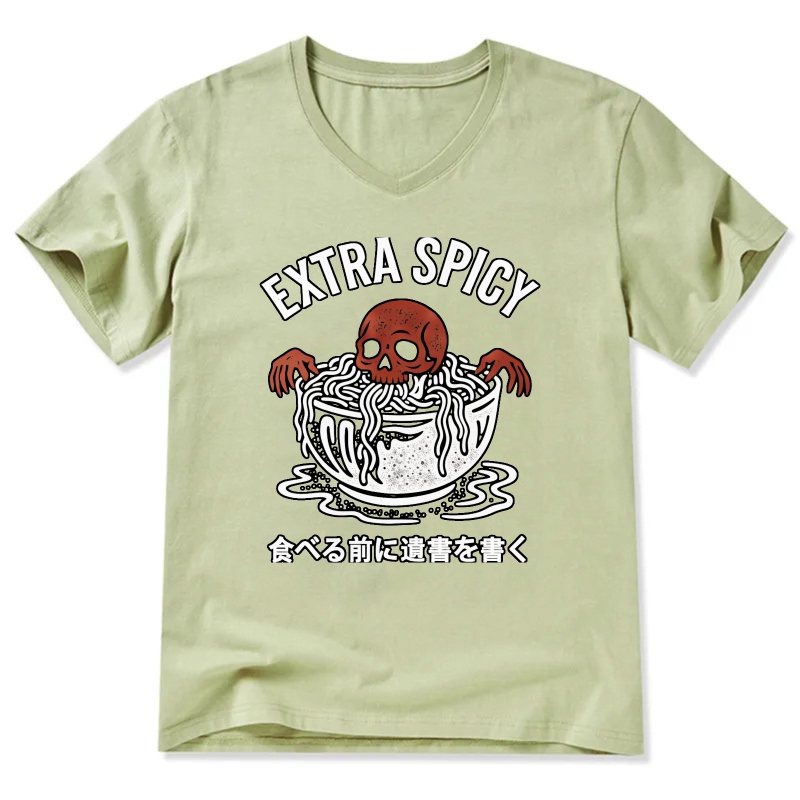 Extra Spicy Ramen Skull T-Shirt With Japanese Text Warning Design