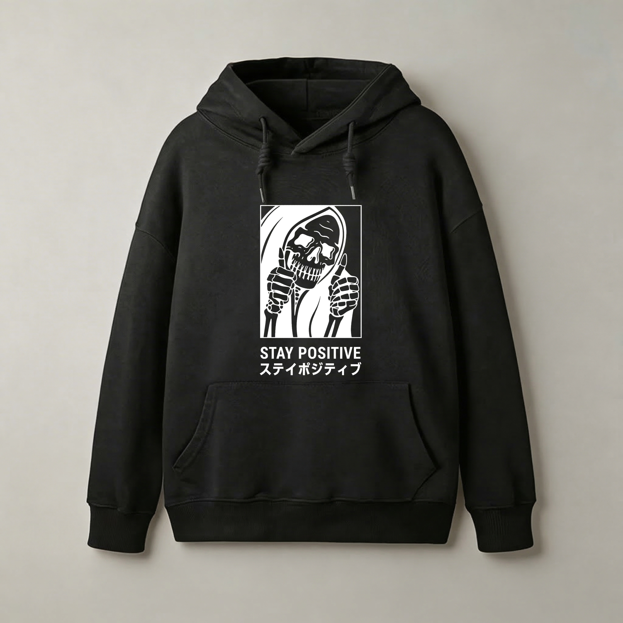 Black Hoodie With Grim Reaper Design Stay Positive Text And Japanese Characters Graphic Sweatshirt