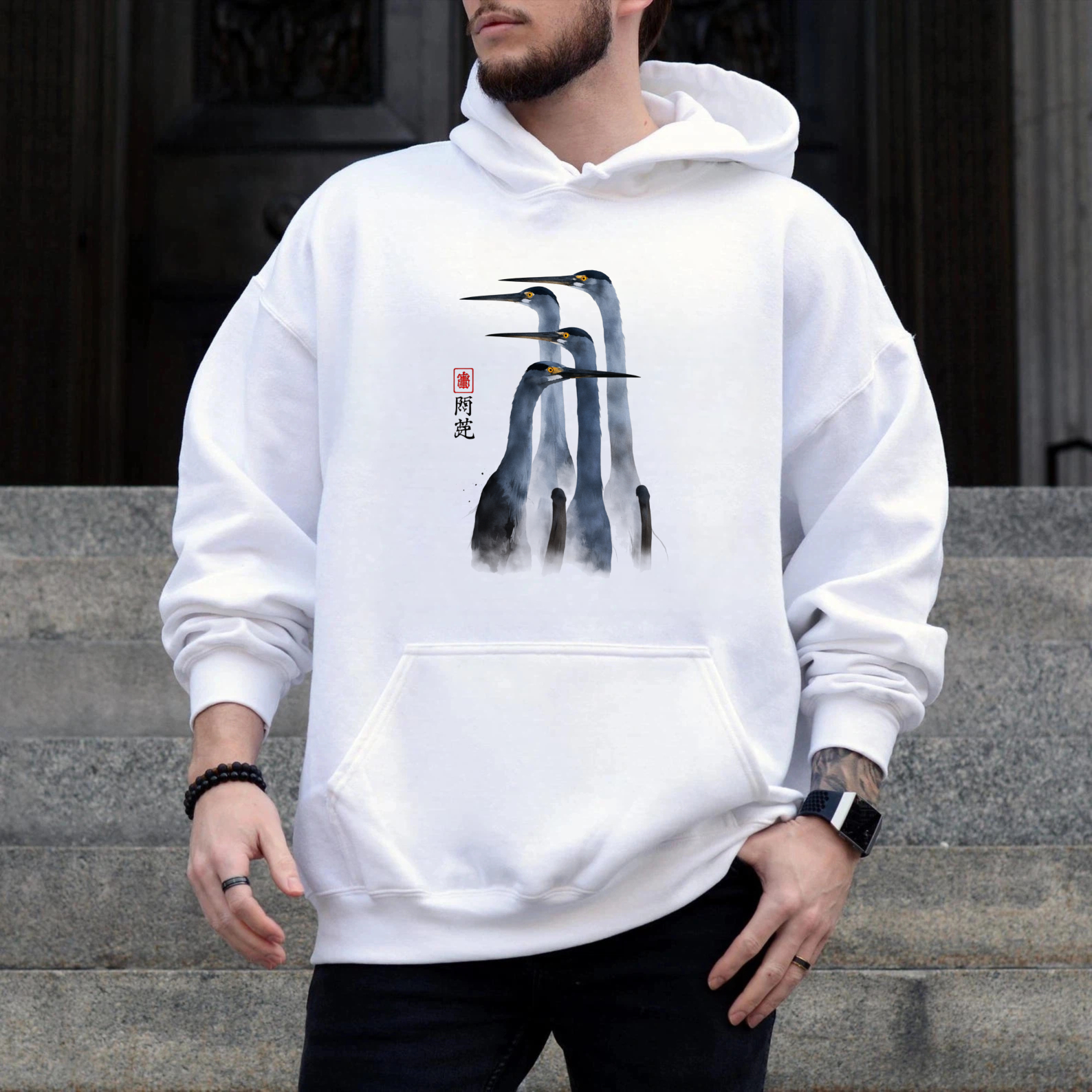 Chinese Painting Crane Design Hoodie Unisex Black Sweatshirt With Pocket And Drawstring Hood