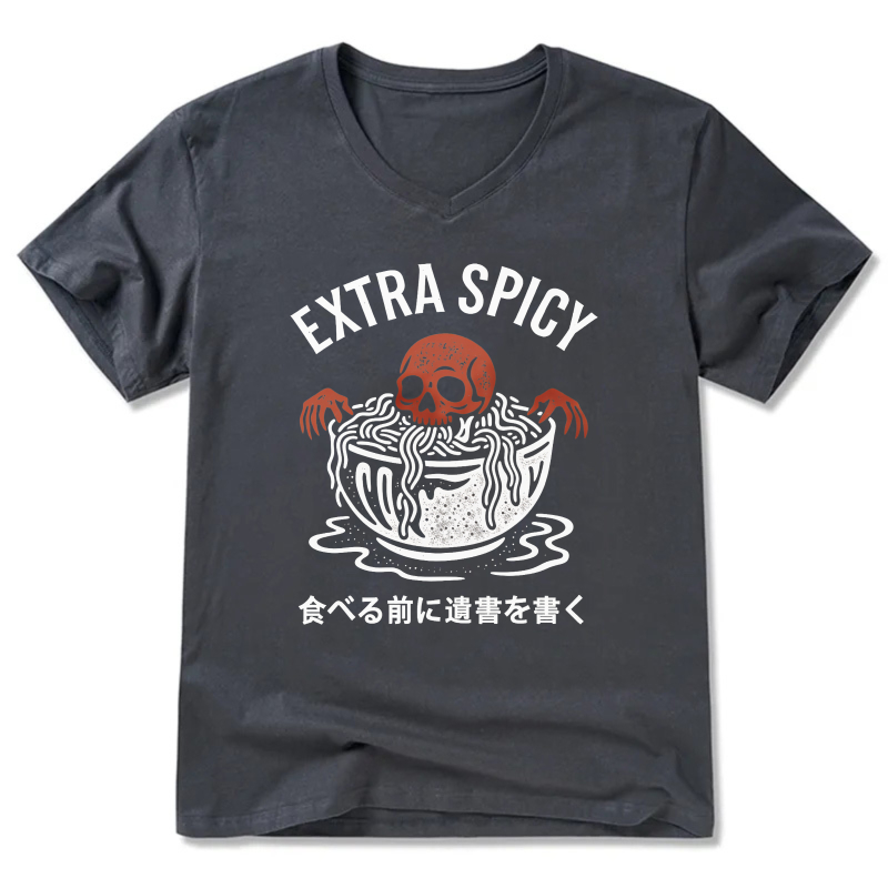 Extra Spicy Ramen Skull T-Shirt With Japanese Text Warning Design