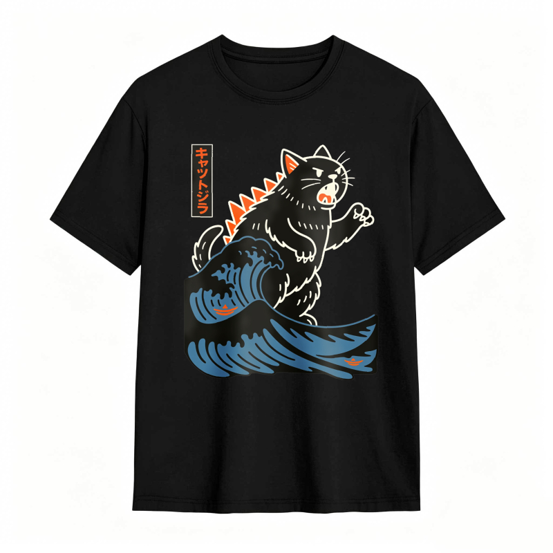 Cat Riding Wave With Japanese Text tshirt 100% cotton