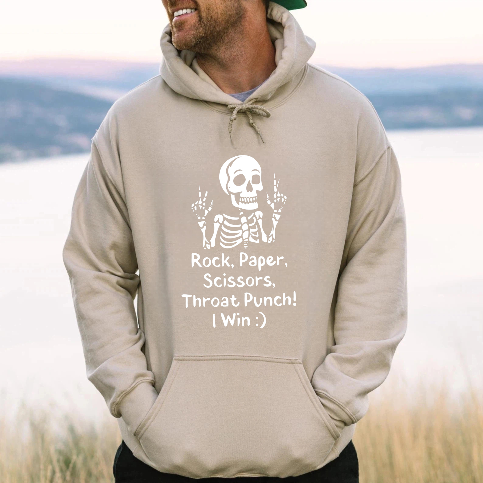 Skeleton Rock Paper Scissors Throat Punch I Win Hoodie Black Funny Sweatshirt