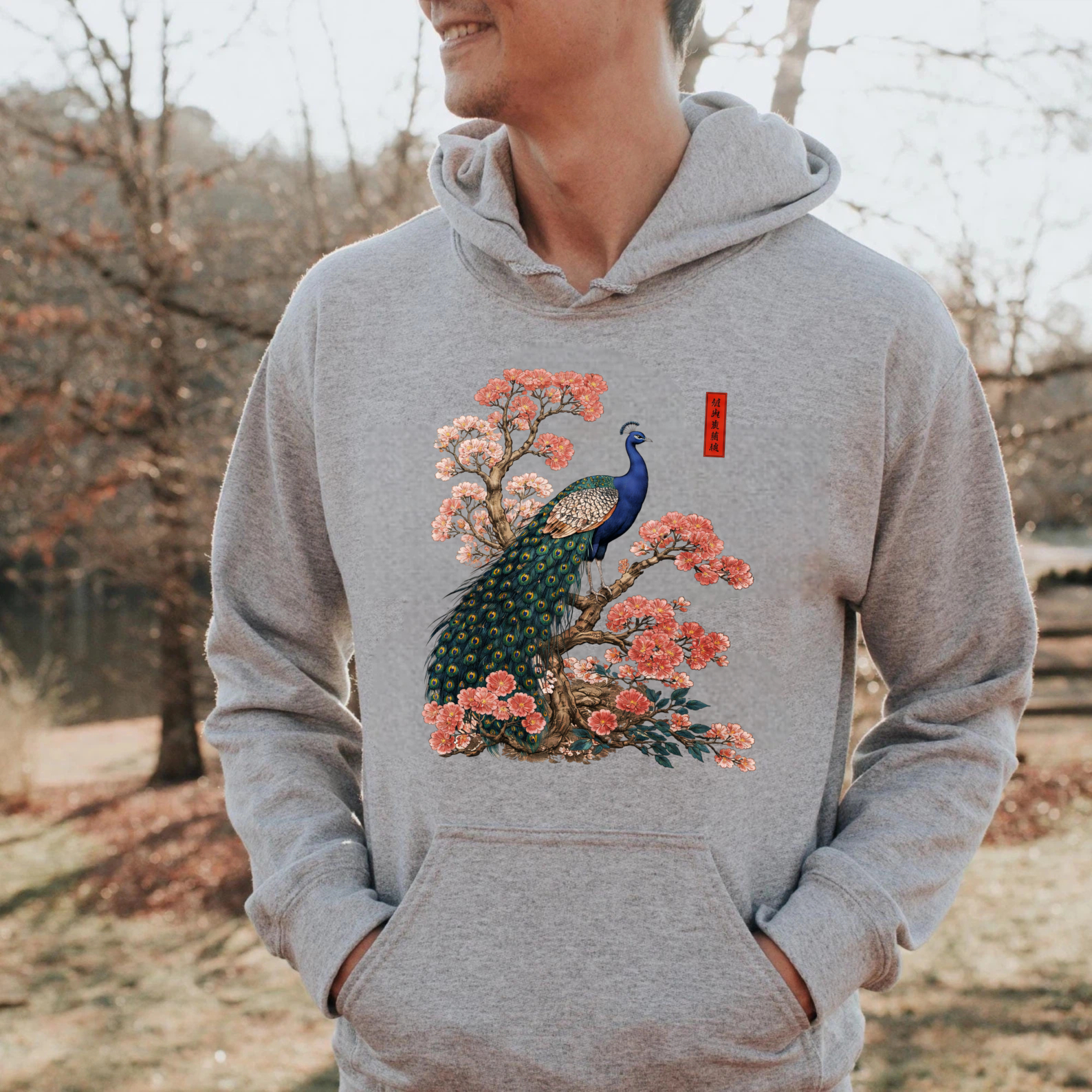 Peacock And Cherry Blossom Art Hoodie Black Unisex Sweatshirt With Front Pocket And Drawstring Hood