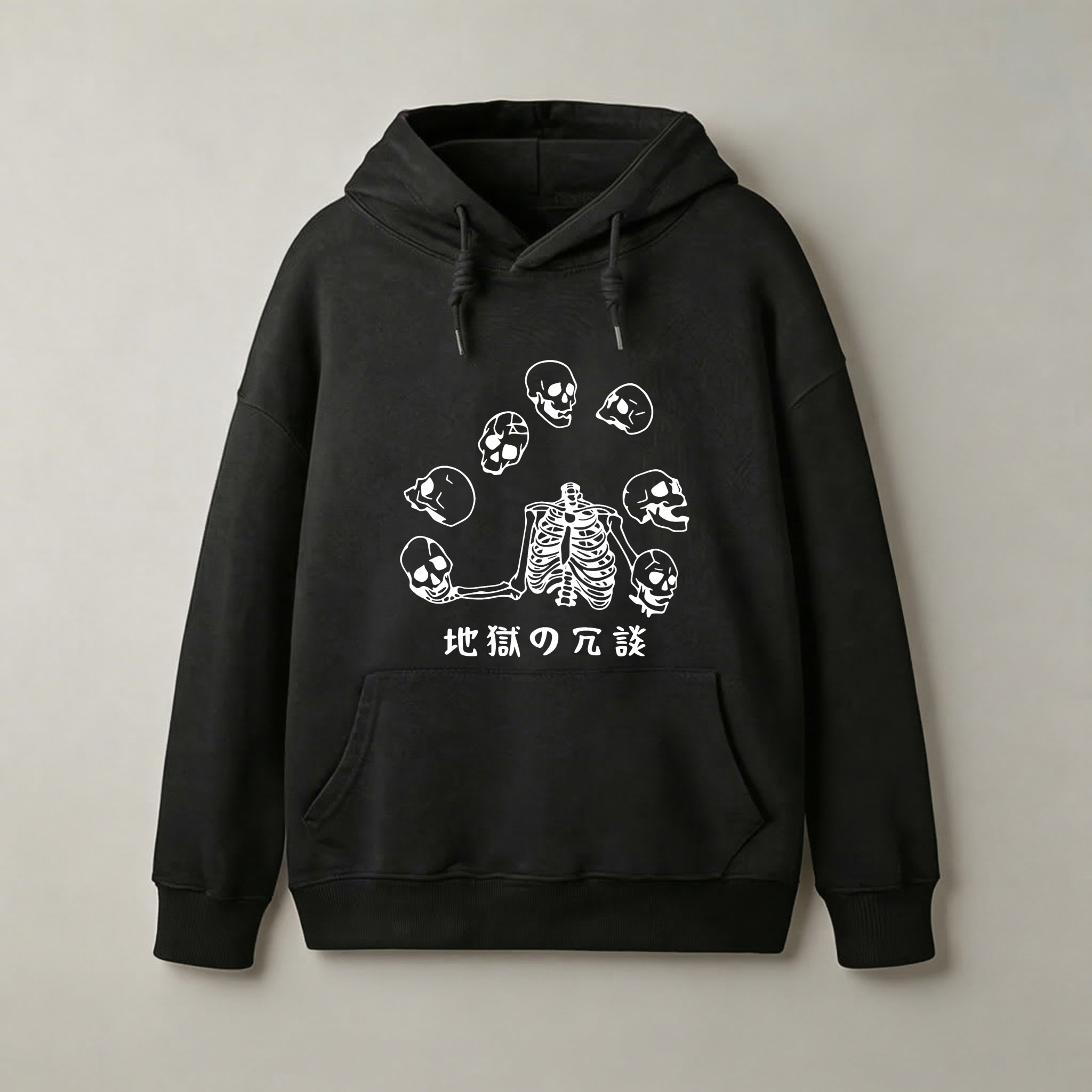 Black Hoodie With Skull And Skeleton Design Hell Talk Japanese Text Graphic Sweatshirt Unisex Casual Wear