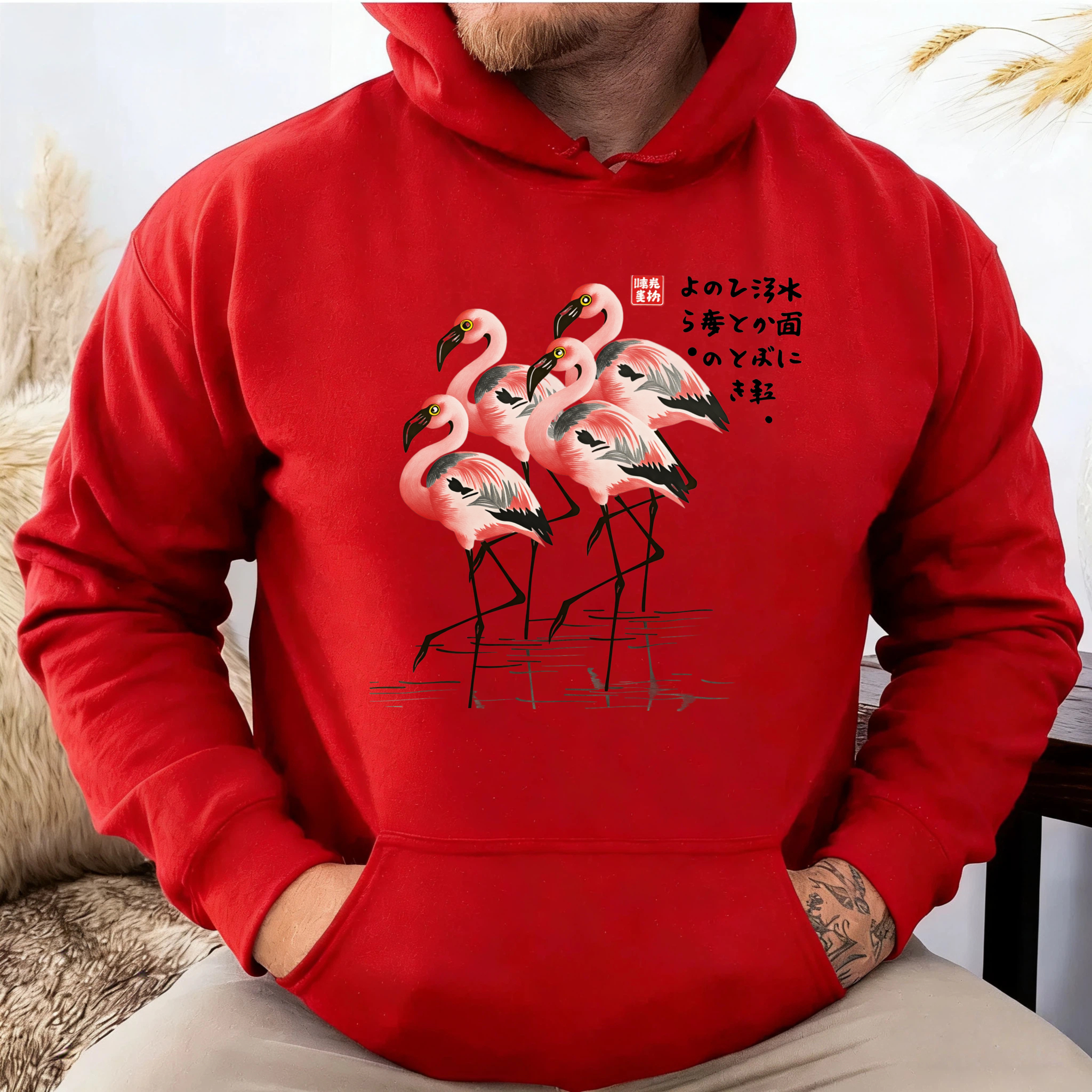 Flamingo Art Print Hoodie Japanese Style Black Sweatshirt With Pocket And Drawstring Cap