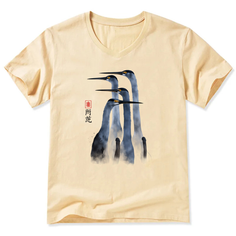 Black T Shirt With White Heron Design And Chinese Calligraphy Art Print