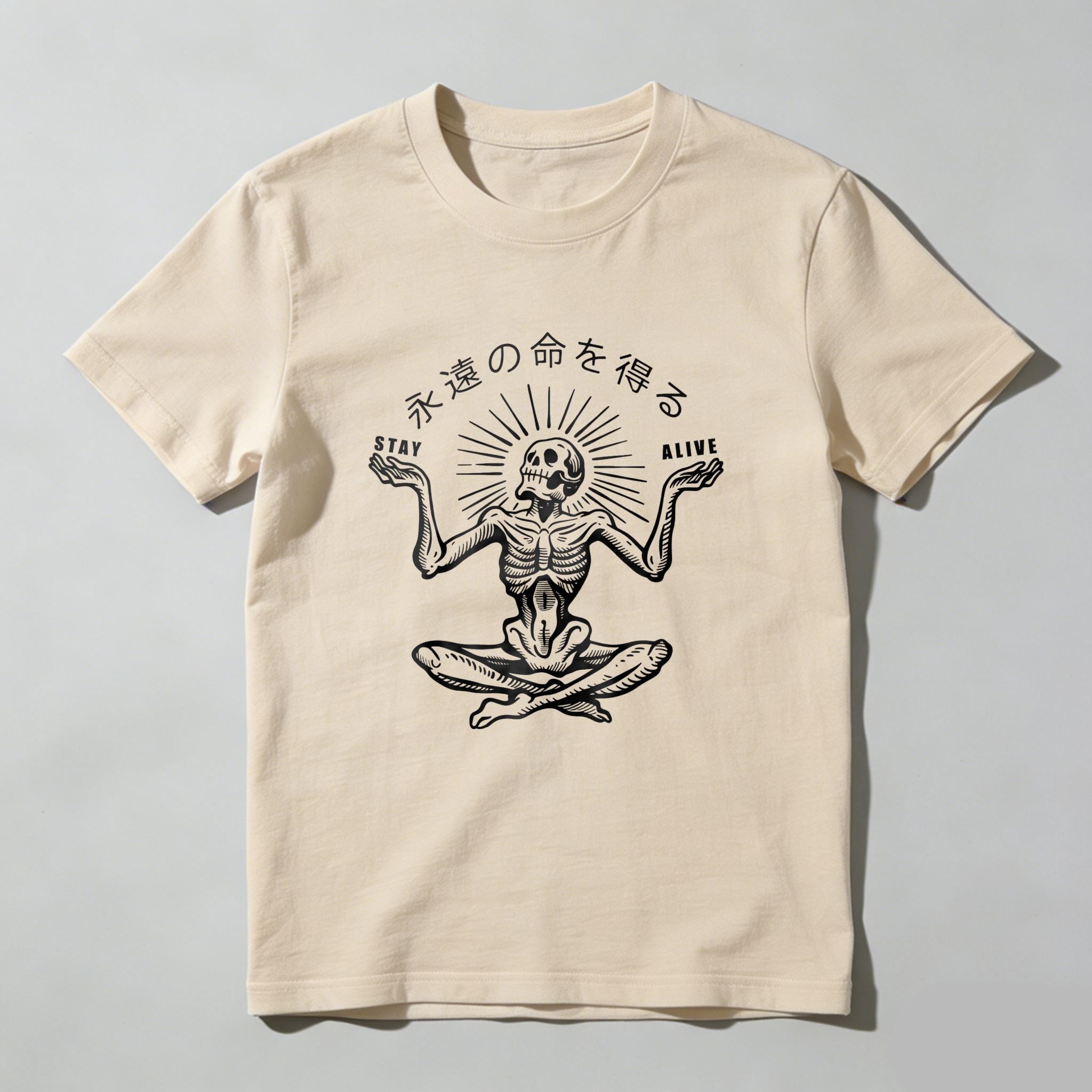 Skeleton Meditating With Sunburst And Text tshirt 100% cotton