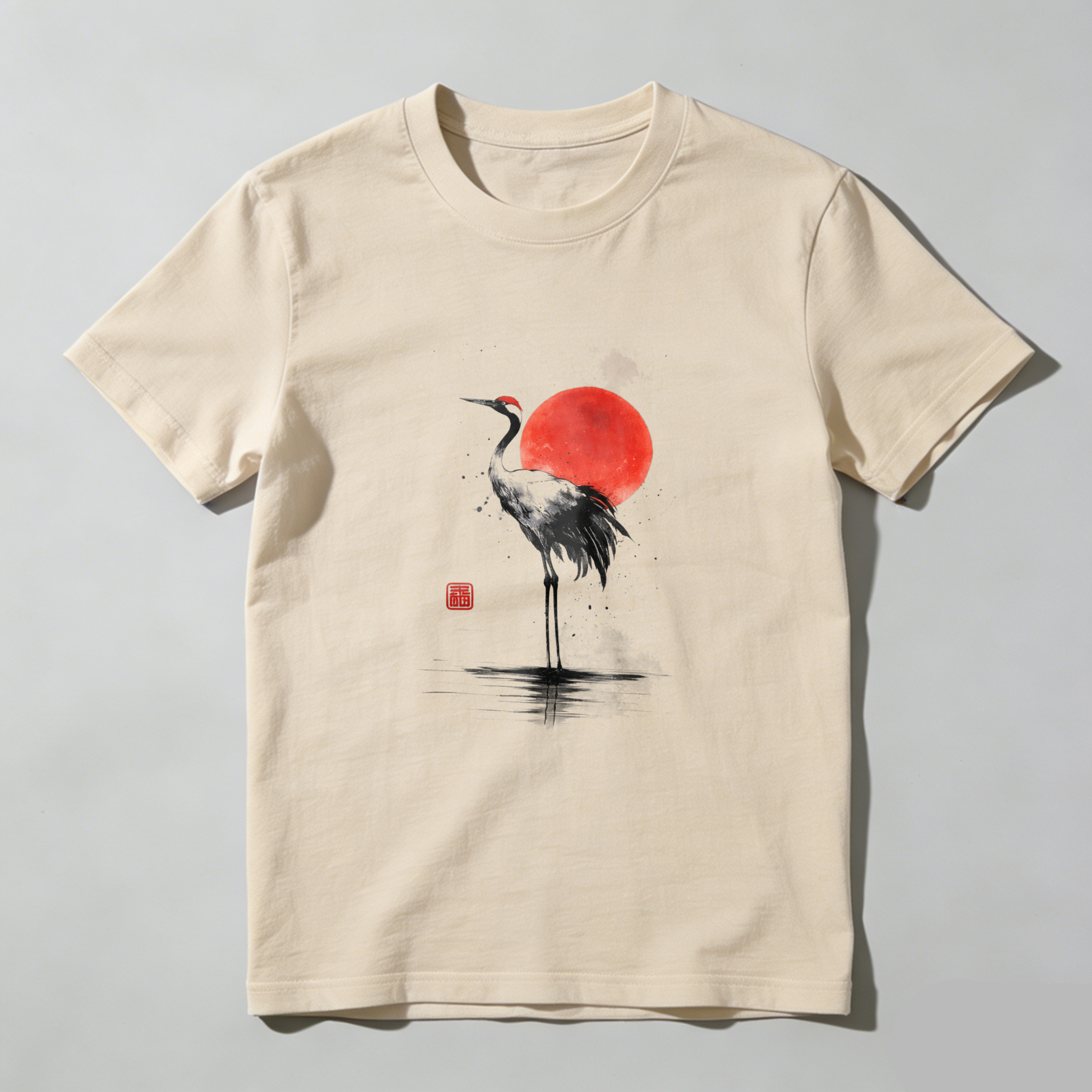Red Sun Crane Water Reflection Art Design tshirt 100% cotton