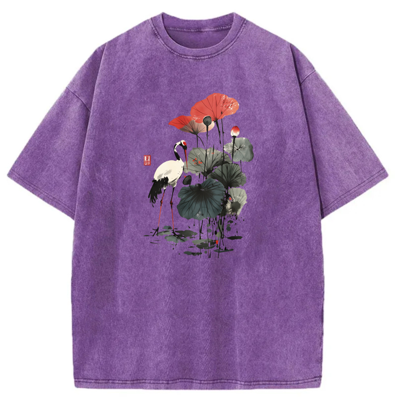 Crane Lotus Red Flower Art Print tshirt 100% cotton