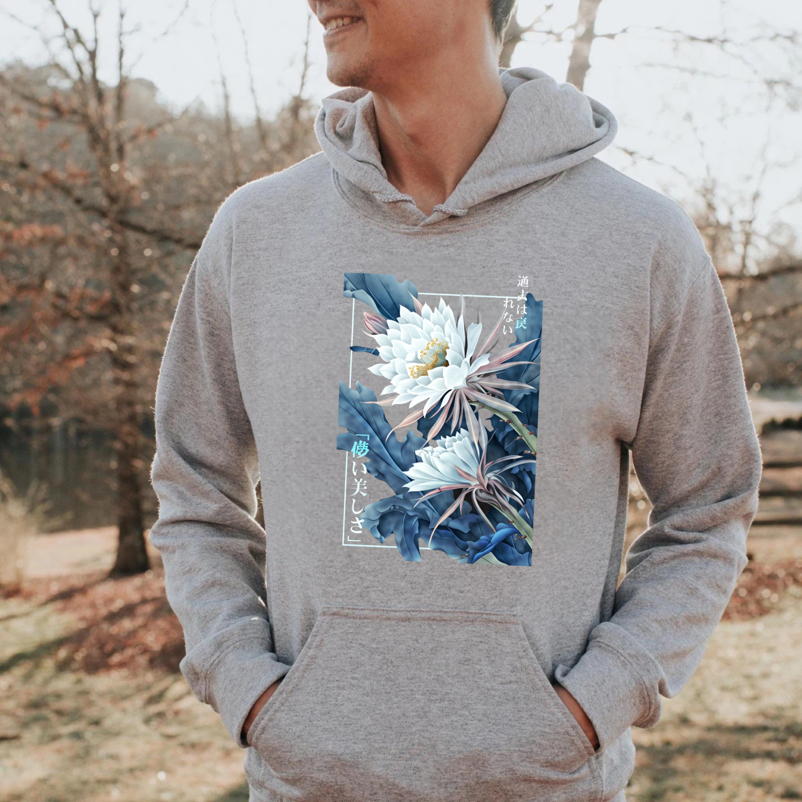Flower Art Design Hoodie With Japanese Text And Cactus Blossom Print Unisex Sweatshirt Black