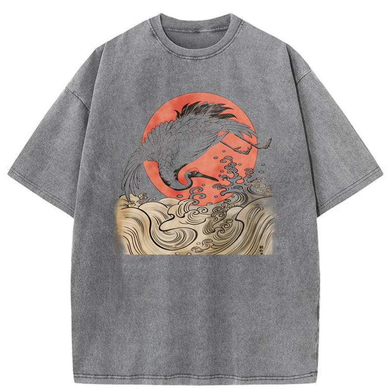 Dragon Silhouette Red Moon Waves Pattern tshirt 100% cotton