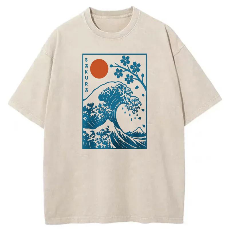Wave Cherry Blossom Sun Mountain Ocean tshirt 100% cotton
