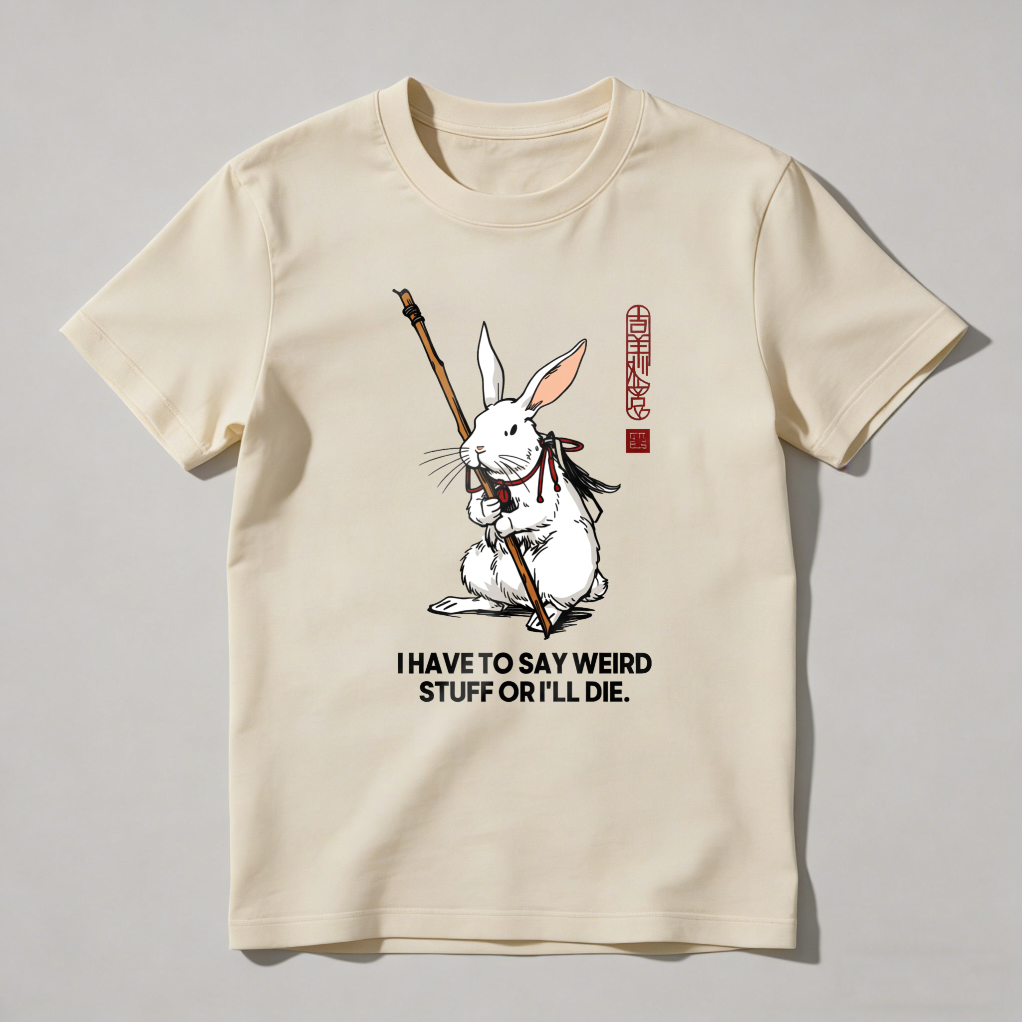 White Rabbit Holding Staff With Text tshirt 100% cotton