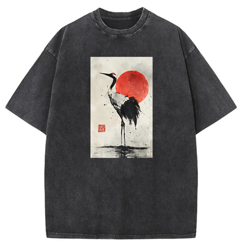 Red Sun Crane Watercolor Art Print tshirt 100% cotton