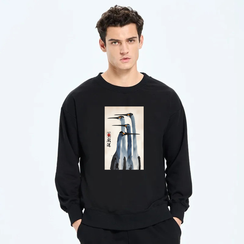 Chinese Painting Crane Art Sweatshirt Unisex Crewneck Pullover Long Sleeve Casual Top