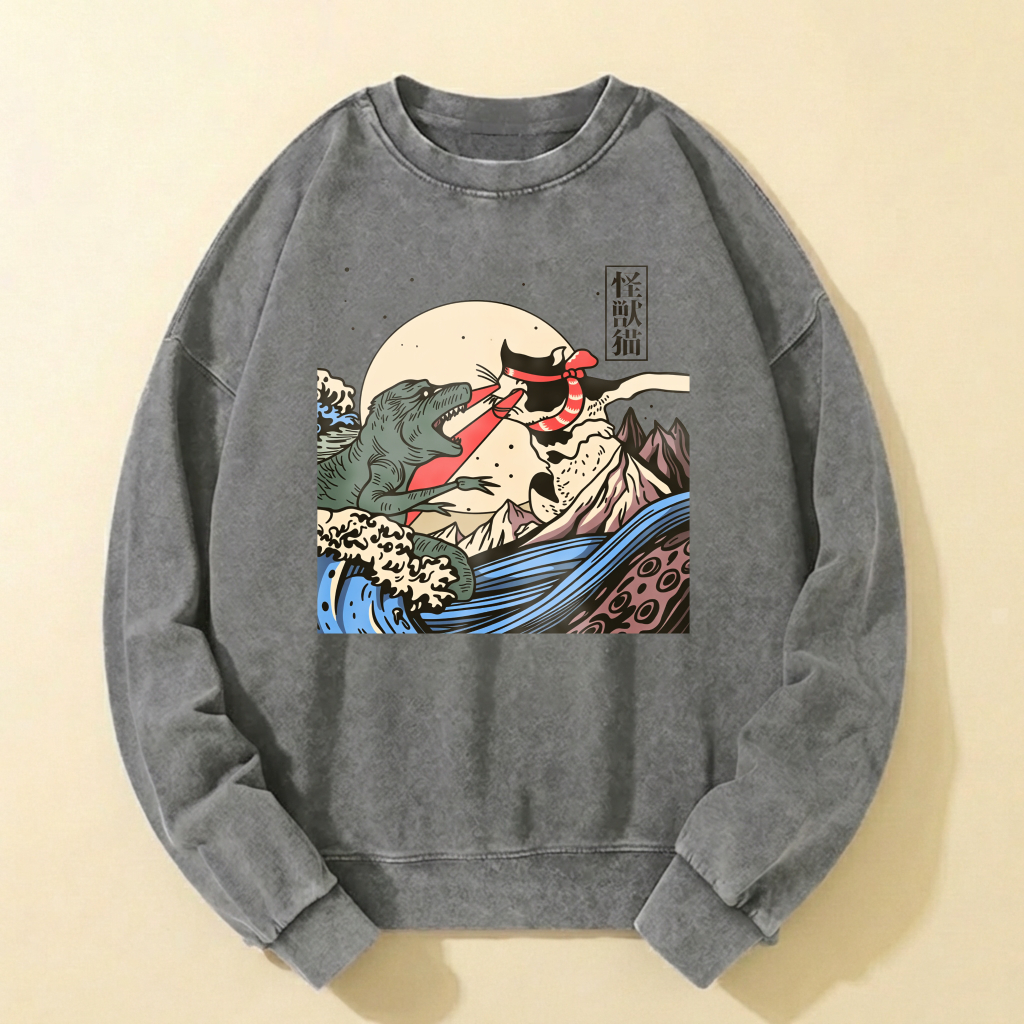 Black Crewneck Sweatshirt With Mythical Sea Monster And Moon Design Artistic Graphic Print Casual Wear For Men And Women