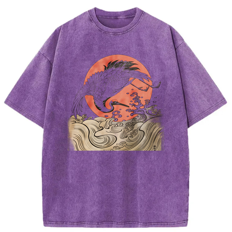 Dragon Silhouette Red Moon Waves Pattern tshirt 100% cotton
