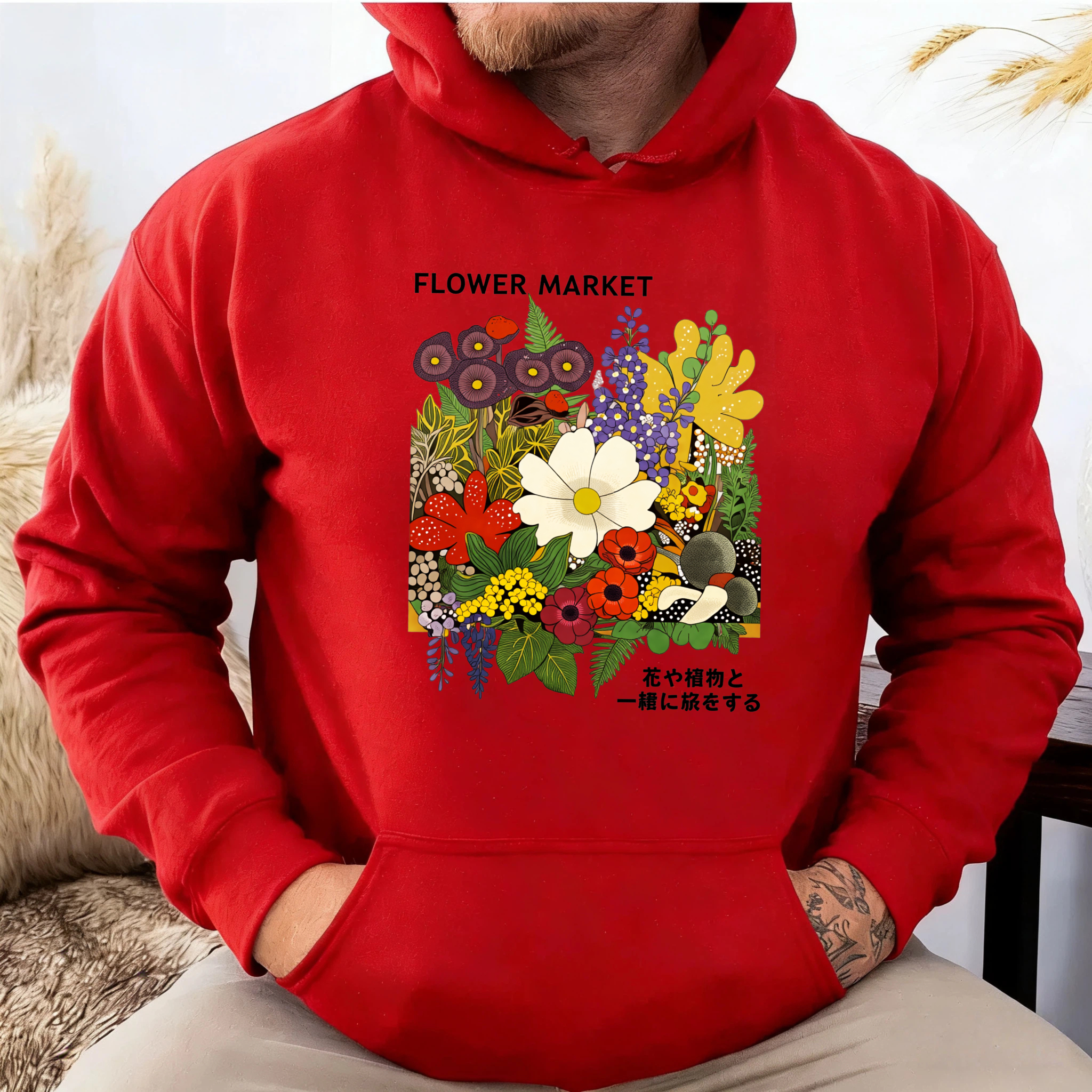 Flower Market Hoodie Floral Design Black Sweatshirt Unisex Casual Wear