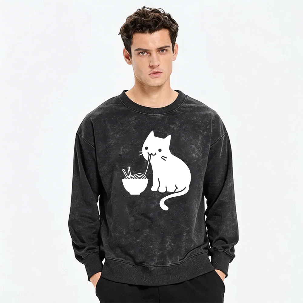 Cute Cat Eating Noodles Sweatshirt Unisex Casual Long Sleeve Pullover Top