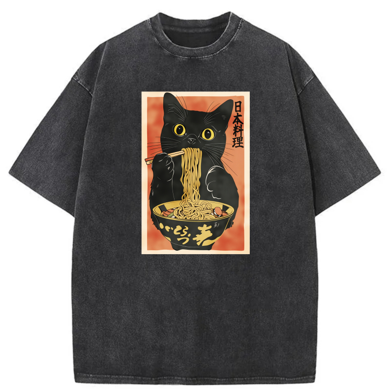 Black Cat Eating Noodles Japanese Style tshirt 100% cotton