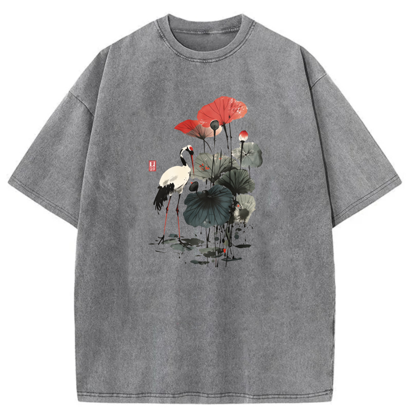 Crane Lotus Red Flower Art Print tshirt 100% cotton