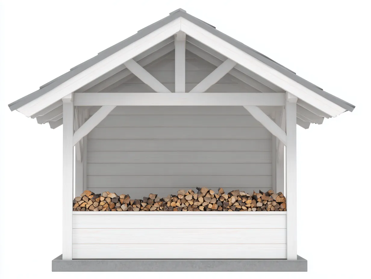 Cobertizo para leña de madera con techo a dos aguas 180x70x180 cm - blanco-gris - diseño exterior para jardín-Roomgethub