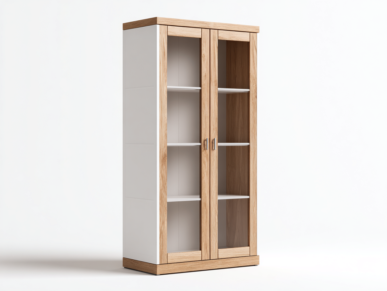 Vitrina de madera y vidrio 80x40x190 cm - blanco y natural - estilo contemporáneo para salón-Roomgethub