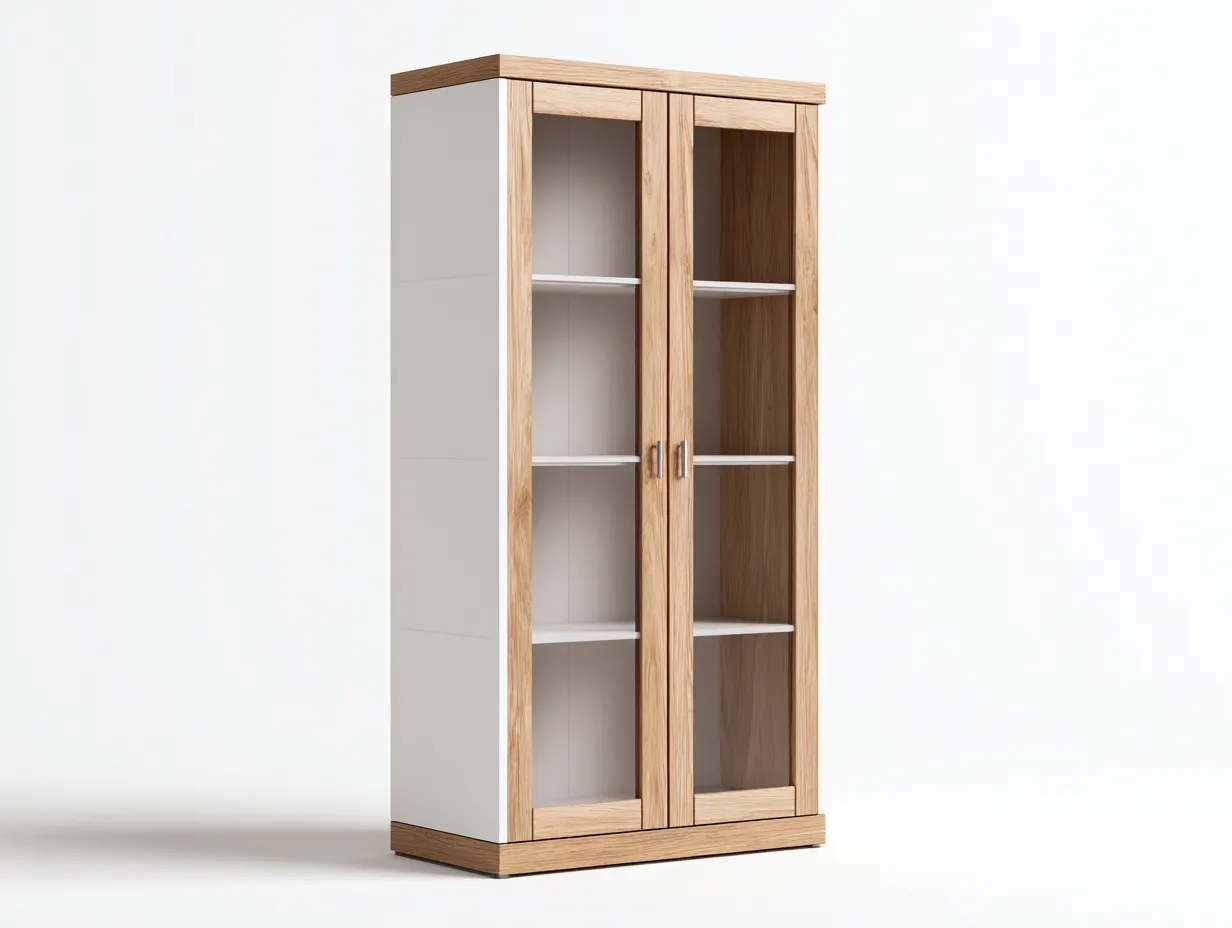 Vitrina de madera y vidrio 80x40x190 cm - blanco y natural - estilo contemporáneo para salón-Roomgethub