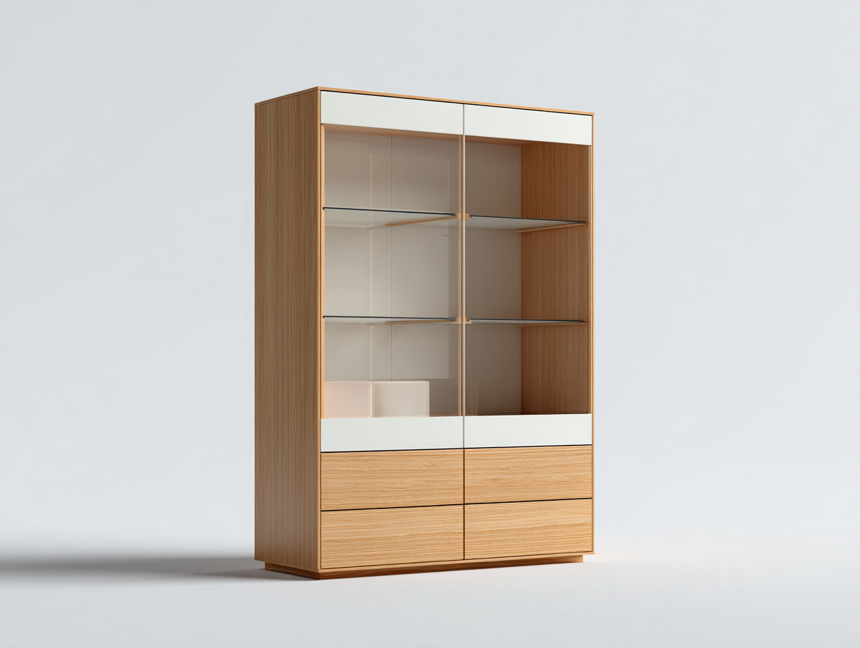 Vitrina 2 puertas y 4 cajones 100x40x180cm - madera y blanco - estilo moderno-Roomgethub