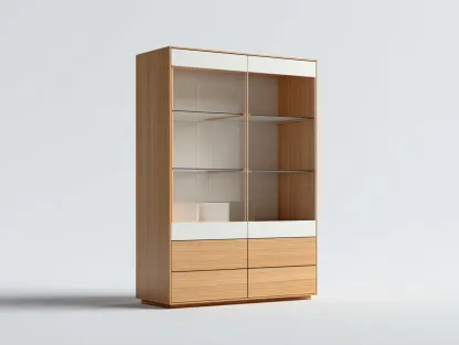 Vitrina 2 puertas y 4 cajones 100x40x180cm - madera y blanco - estilo moderno-Roomgethub